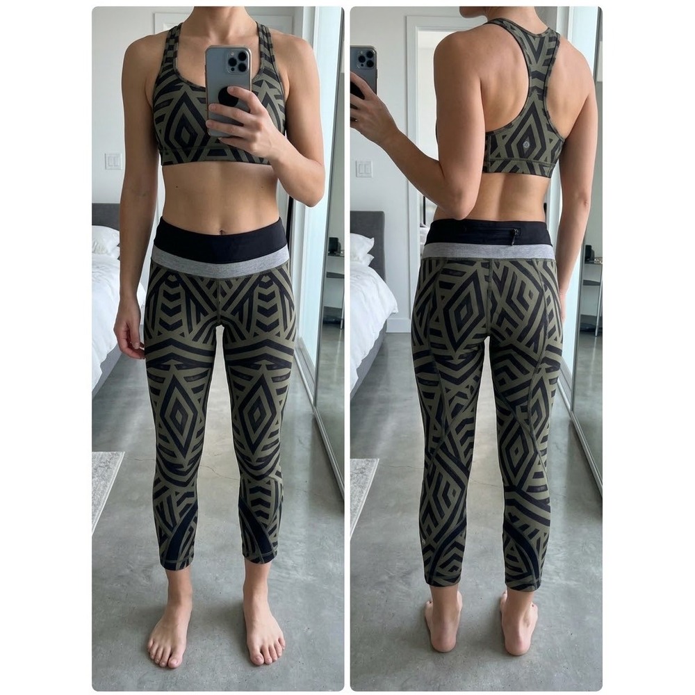 Lululemon Size 6 Run Speed Crop Leggings Olive Green Black Geometric Capri